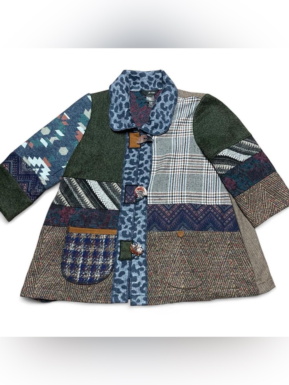 Ali Miles Sz L Patchwork Knit Cardigan Jacket Paisley Artsy Art to Wear Abstract